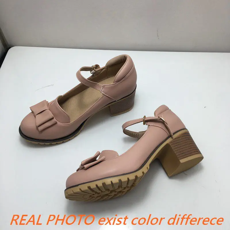 Girseaby 2023 Ladies Bowtie Pumps Mary Janes Platforms Buckle Strap Round Toe 6CM Chunky Cover Heel US12 Beige Pink Blue A4410