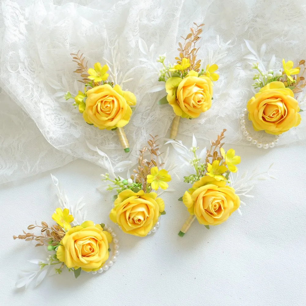 

Yellow Wrist Corsage and Boutonniere Flower On Wrist for Bride Bridesmaid Wedding Boutonniere for Men Groom Groomsman Wedding
