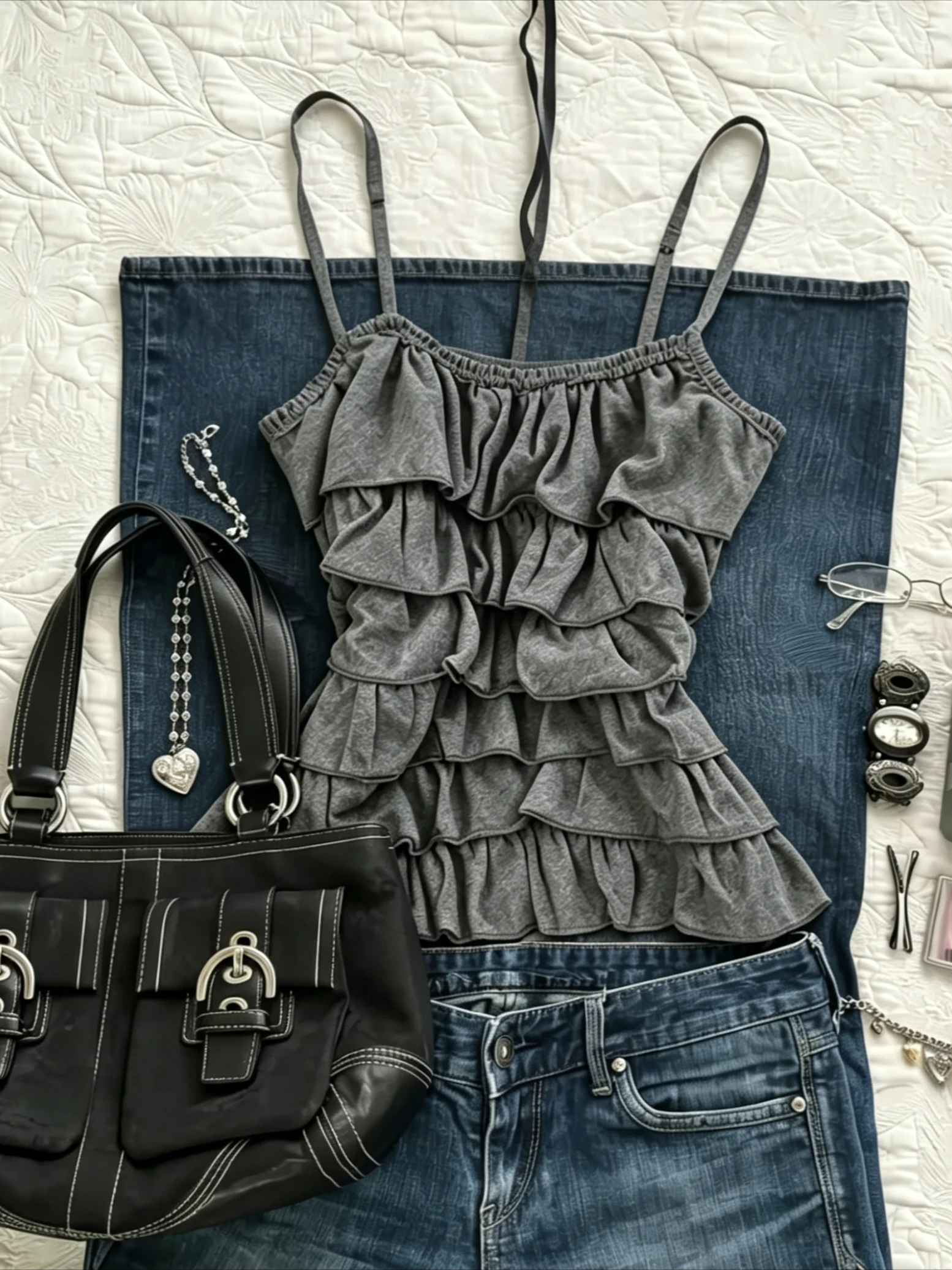 Amerikanisches Retro Graues Cami-Top mit Trägern und Stufenrüschen, Schlanke Passform, Y2K Vintage Ästhetik, Ärmelloses Lässiges Sommer-Top für Damen