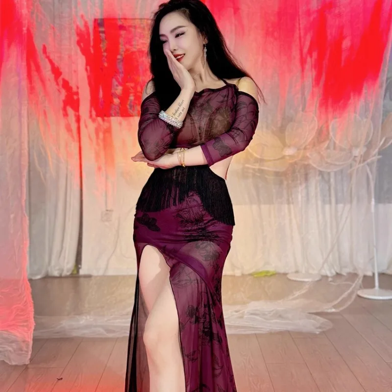 Vestido de práctica de danza del vientre Sexy Swegal personalizado, trajes de danza Oriental, vestido de tirantes de cintura de malla con estampado negro, morado y rojo para mujer