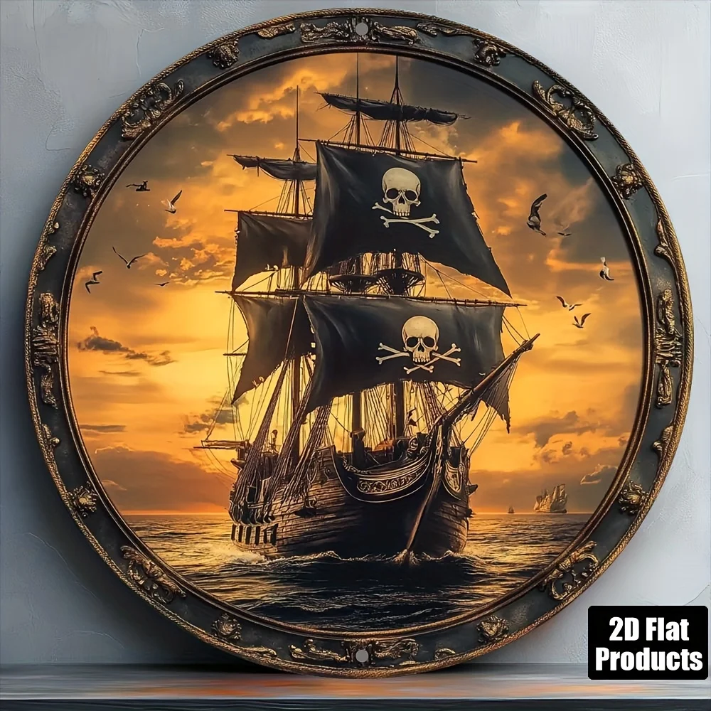Vintage 2D Wooden Disk Pirate Ship Wall Art Decor Furniture Hanging for Bedroom Living Room Porch Home Decor Items Moving Gift