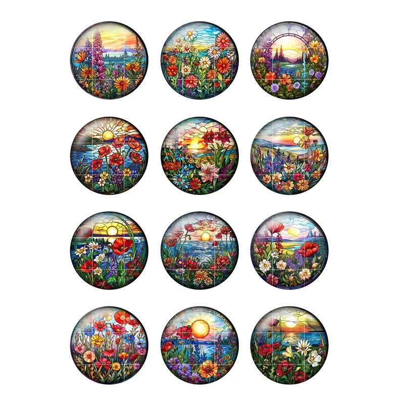 12pcs/lot Colorful Wildflower Art Pattern 8mm To 35mm Round Photo Glass Cabochon Demo Flat Back Making Findings T224