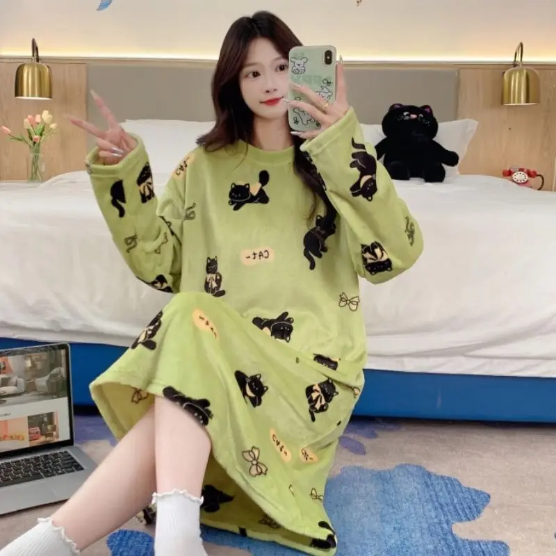 

Зимняя толстая теплая фланелевая ночная рубашка с длинными рукавами для женщин, милая мультяшная одежда для сна из кораллового флиса, ночная рубашка, ночное платье, ночная рубашка