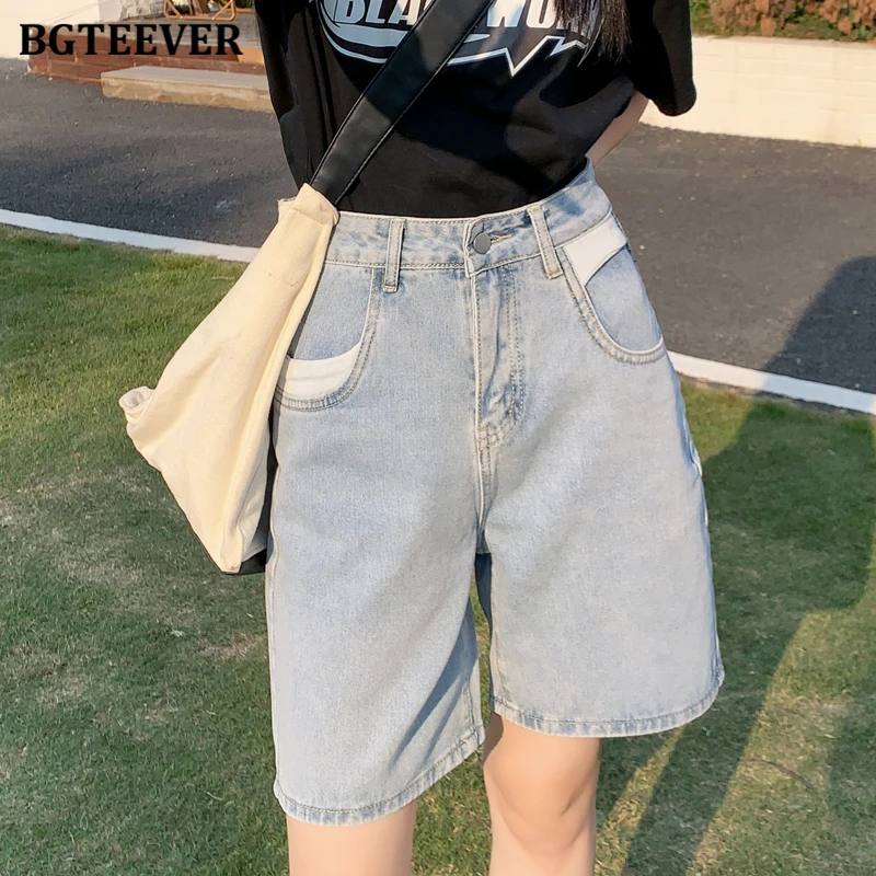 

BGTEEVER Stylish Loose Single Button Straight Ladies Denim Shorts Summer High Waist Pockets Vintage Patchwork Women Jeans Shorts