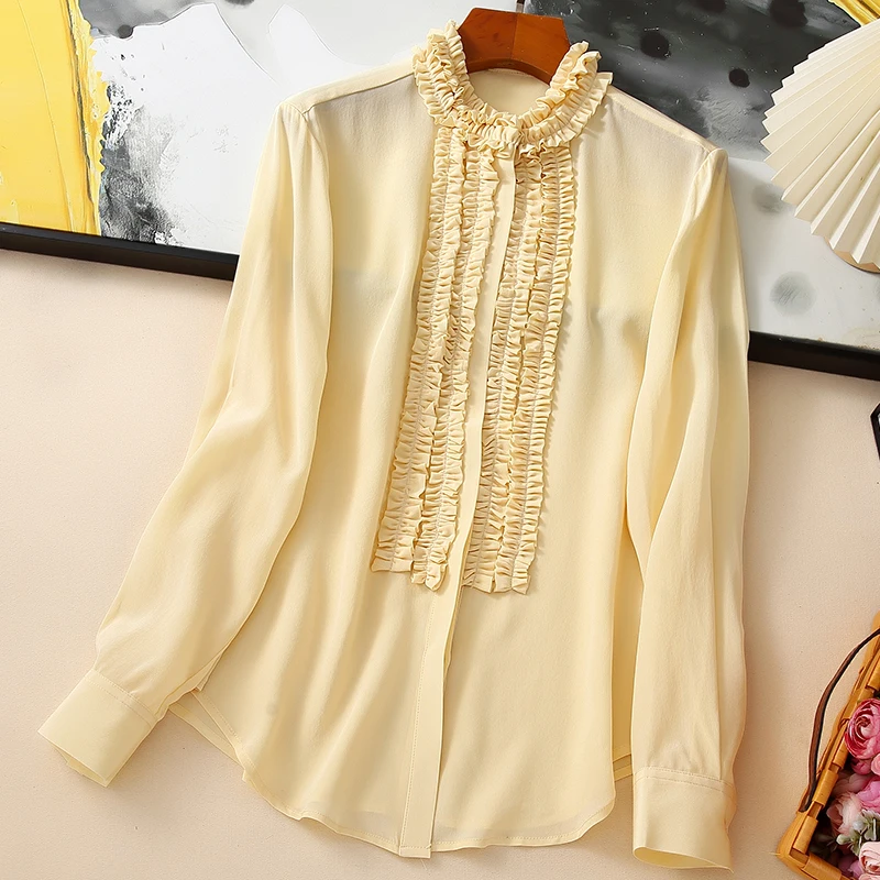 

New Spring Autumn Elegant Shirts Vintage Blouses for Women Long Sleeve 100% Real Silk Women's Shirt Office Lady Solid Blouse
