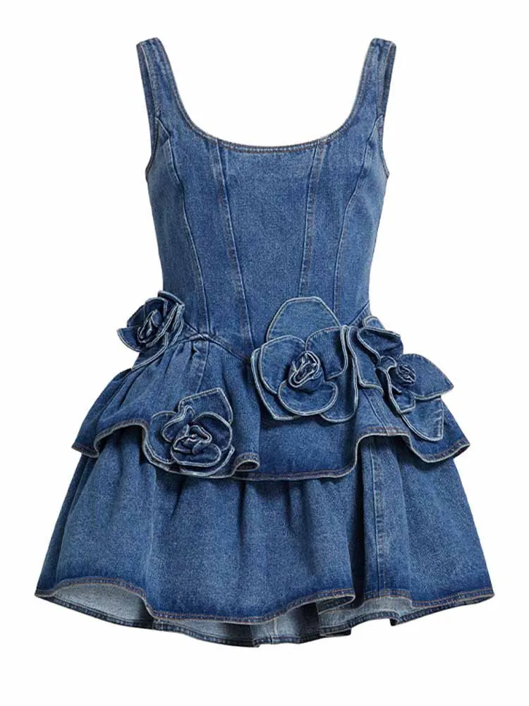 Bkqu chique 3d floral denim mini vestido feminino dupla camada babados elegante gola quadrada sem costas zíper a linha vestidos de estilingue y2k