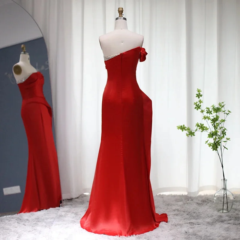 Evening Dresses Long 2024 Red Mermaid Elegant Women Satin Court Train Formal Occasion Luxury Prom Gown Party Dress Sexy Pearl