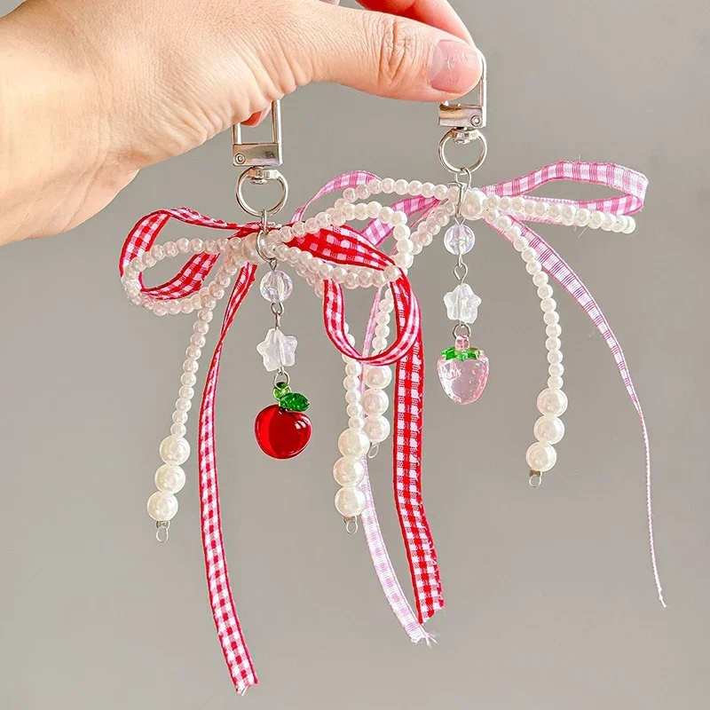 Sweet Plaid Ribbon Pendant with Fashionable Bow Pearl Phone Chain Cute Strawberry Bag Keychain Hanging Accessory