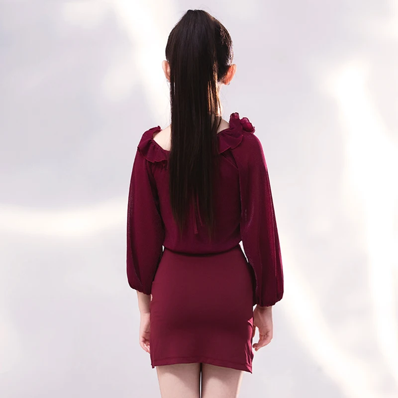 Costume de danse latine rouge vin pour filles, ensemble haut à manches longues et jupe, vêtements d'entraînement pour enfants, AMY2831