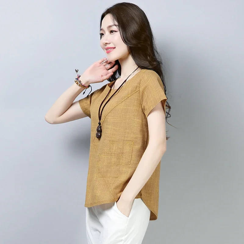 Women\'s Summer Blouses 2024 Vintage Linen Cotton Women Tops Blouses Short Sleeve Women Shirts Women Clothing Blusas 2127