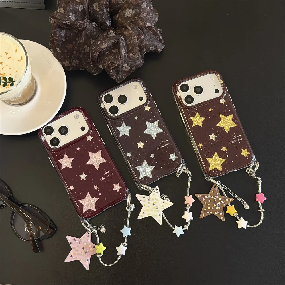 Fashion Korea Ins brown Stars Phone Case For iPhone 18 Pro max 17 16 15 Cases Protective Cover Cute with Chain 18 Pro Funda