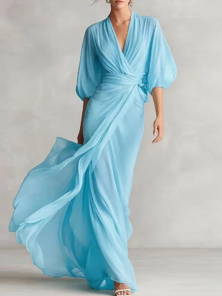 Lente Puff Half Sleeve Avondjurk Dames Elegant Diep V-hals Omgeslagen Taille Strik Flowy Maxi Jurk Zomer Vakantie Strand Lange Jurk - afbeelding 2