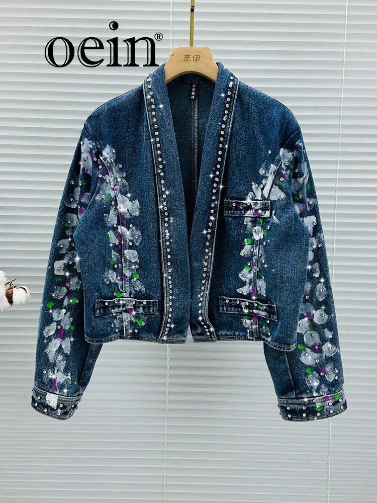 

[oein] 2024 Spring New Printed Design European Denim Jacket Women's Short Loose Heavy Duty Diamond Set Jacket Top