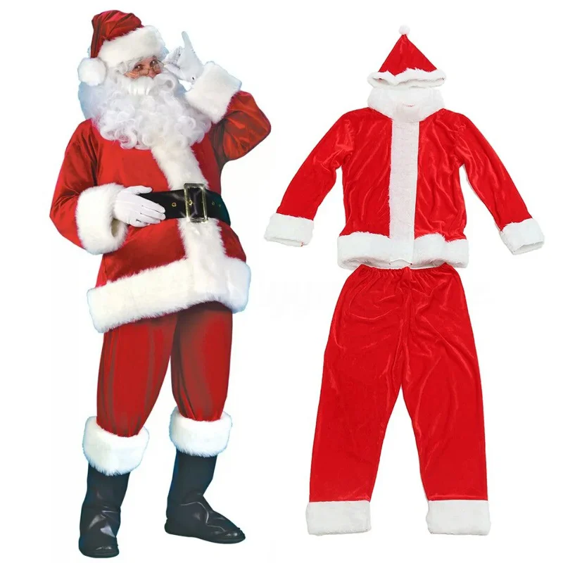 

5-11PCS Santa Claus Costume with Moustache Hat Belt for Adults Premium Velvet Outfits Christmas Party Stage Performance