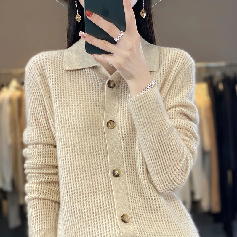 Lapel sweater women Polo neck sweater loose solid color autumn and winter new Maillard sweater