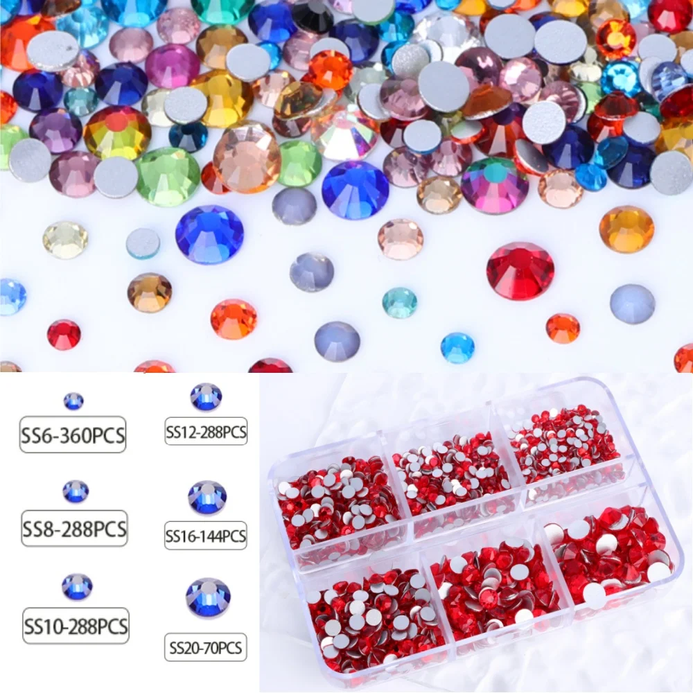 

Hotsale SS6-SS20 Mix Size Box-packed Flatback Rhinestones 1440Pcs Glass Round Crystal For Nail Art Wedding Dress DIY Decoration