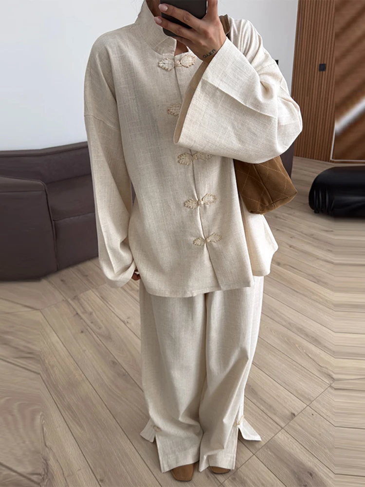 Casual Women's Linen Two-Piece Pants Set Frog Button Mandarin Collar Top Wide Leg Pant Loose Fit Loungewear Suit Workwear Outfit