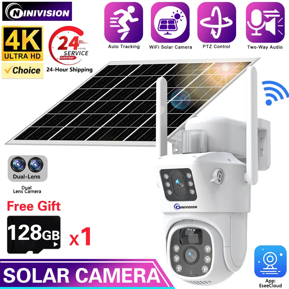 

Free Gift 128G Card Solar PTZ Security Cameras Wireless Outdoor 4K Video Surveillance Color Night Vision Auto Human Tracking Cam