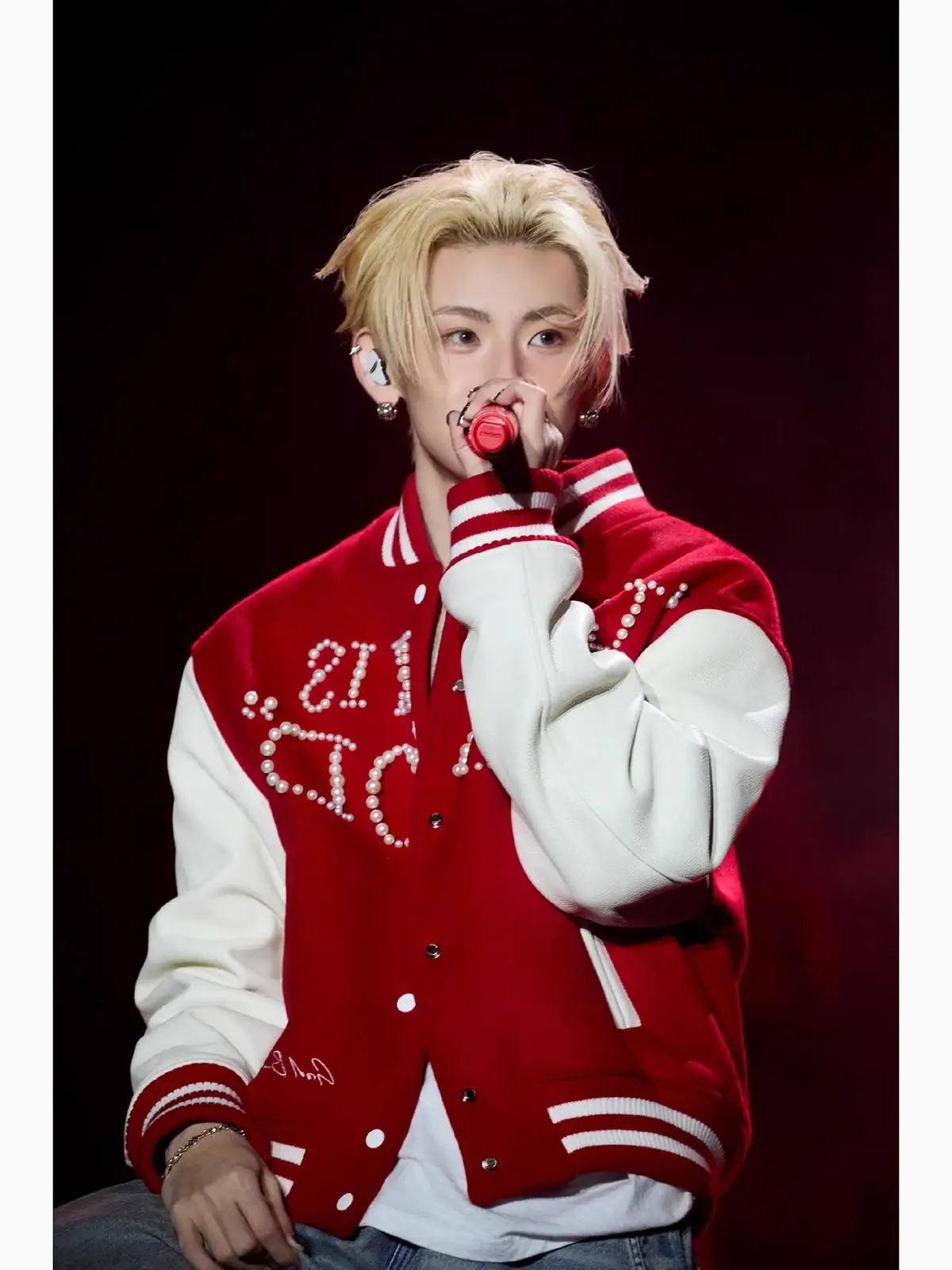 

Red Pearl Design Baseball Jaet for Men Spring High Street Hip Hop Sle Casual Loose Fit Polyester Fiber round Ne Jaet