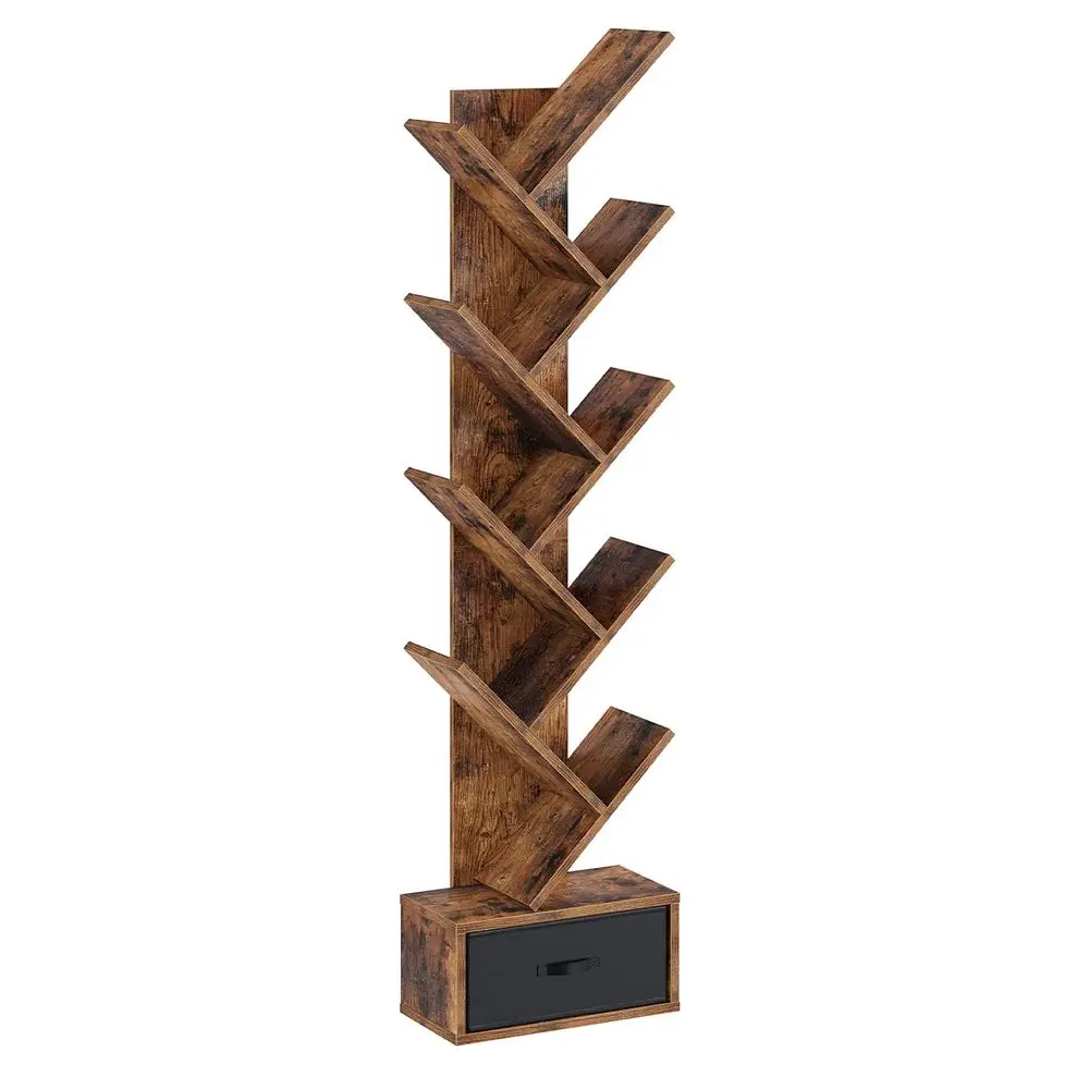 

Tree Bookshelf with Drawer, 9 Shelf Bookshelf, Wooden Bookcase Storage Rack for CDs Movies Books, Corner Bookshelves, Utility O