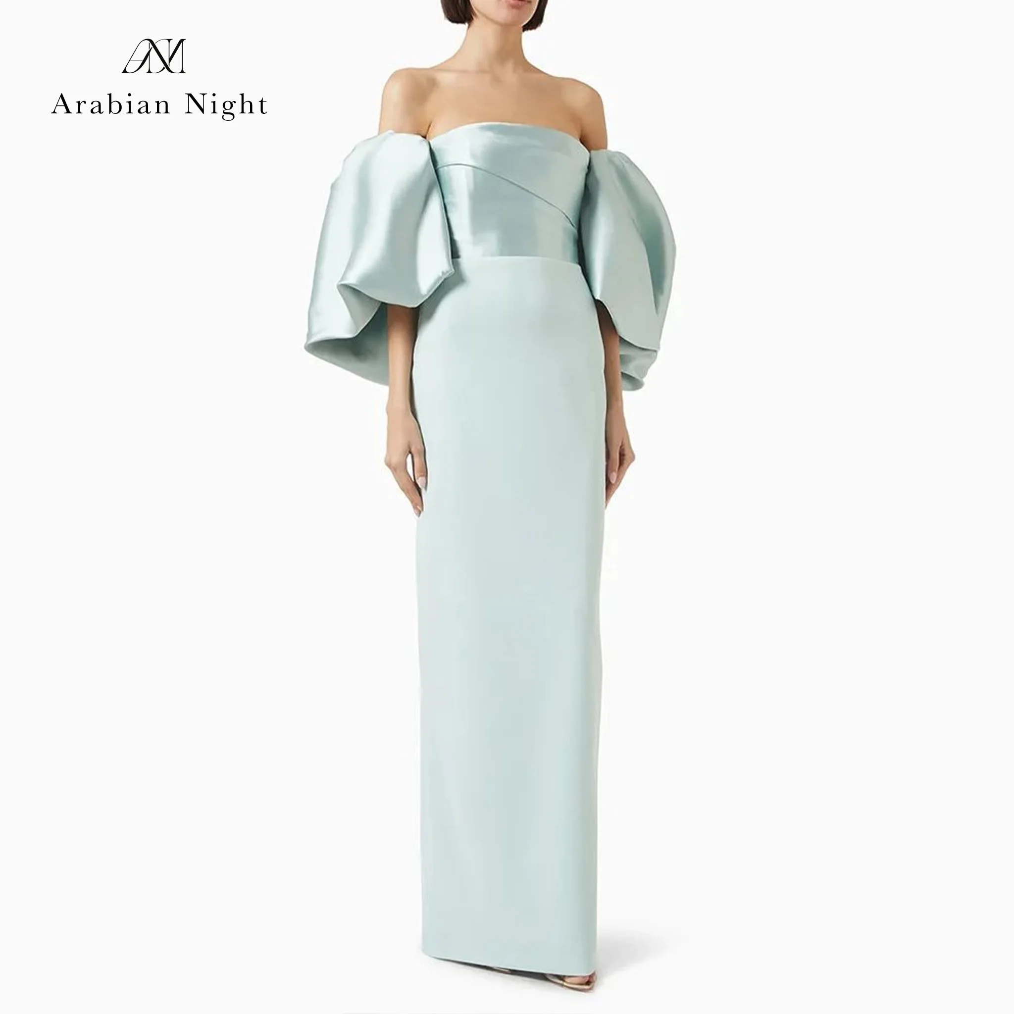 Green off-the-shoulder strapless sleeveless floor-length formal gown featuring a backless design and a slit skirt