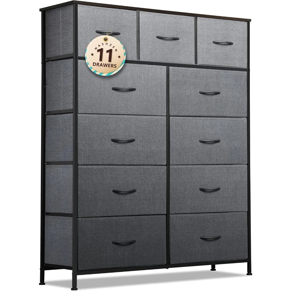 Dresser for Bedroom with 11 Drawers, Tall Fabric Chest of Drawers Storage Organizer with Steel Frame, Wood Top