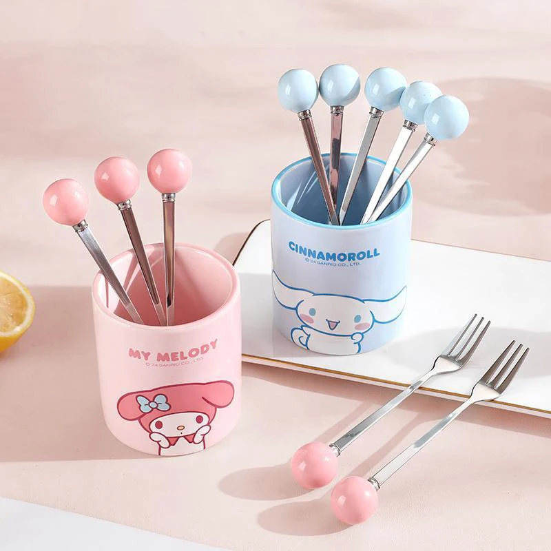 

Sanrio Kawaii Anime My Melody Stainless Steel Fruit Fork Cute Cartoon Cinnamoroll Sweet Storage Container Lovely Gifts for Girls
