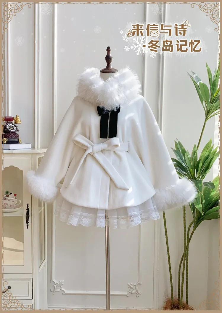 Japanese Y2k Fleece-Lined Thickened Cape Coat Winter Lolita Sweet Detachable Fur Collar Long-sleeves Jacket With Belt For Ladies