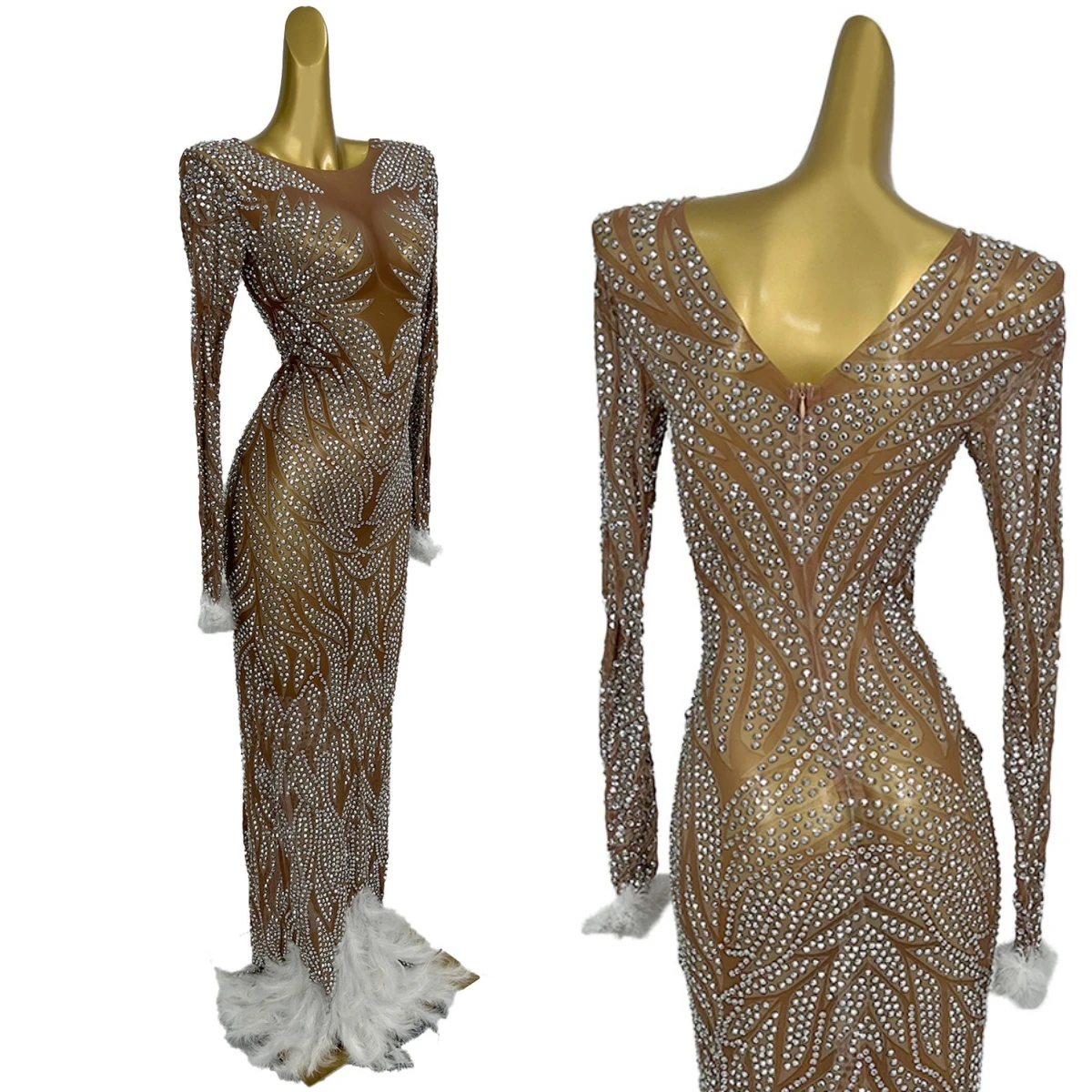 빛나는 크리스탈 이브닝 가운 생일 축하 파티 깃털 꽉 끼는 롱 드레스 우아한 섹시한 메쉬 맥시 드레스 Chouxiaoya