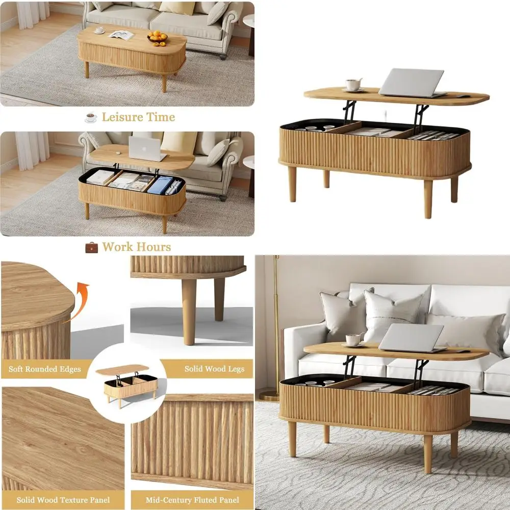 

Modern Oval Coffee Table with LED Lighting and Storage for Living Rooms, Offices, and Small Spaces (Natural Finish)