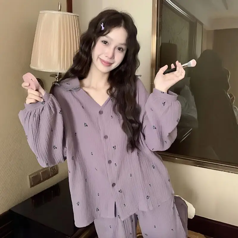 Cute Lapel Sweet Girl's Small Floral Pajama Spring New Elegant Women's Long Sleeved Pant Home Suit Set Comfortable Skin Friendly