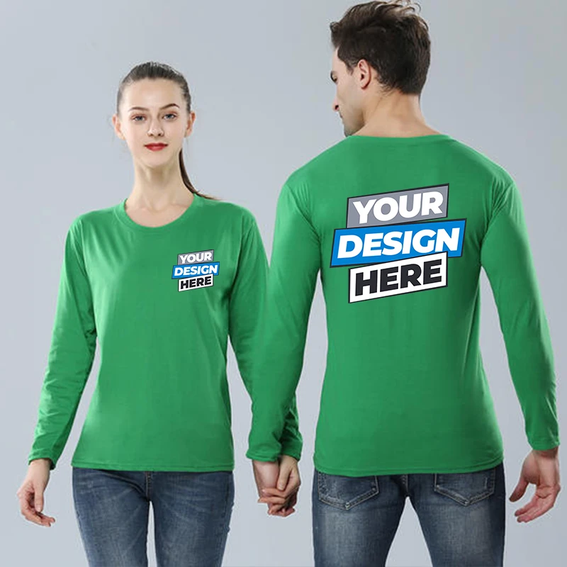 Homens de manga comprida O-Neck T-shirt, logotipo personalizado T-shirt de algodão, cor sólida, Casual, Casa, Primavera, Outono, EUA Tamanho XS-2XL