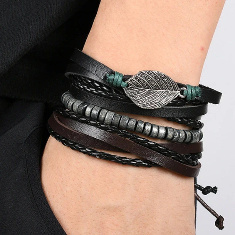 Bracelet en cuir chevelu multicouche vintage punk pour hommes, ULen PU, photo de rue rétro, bijoux de charme de style ethnique, 4 pièces