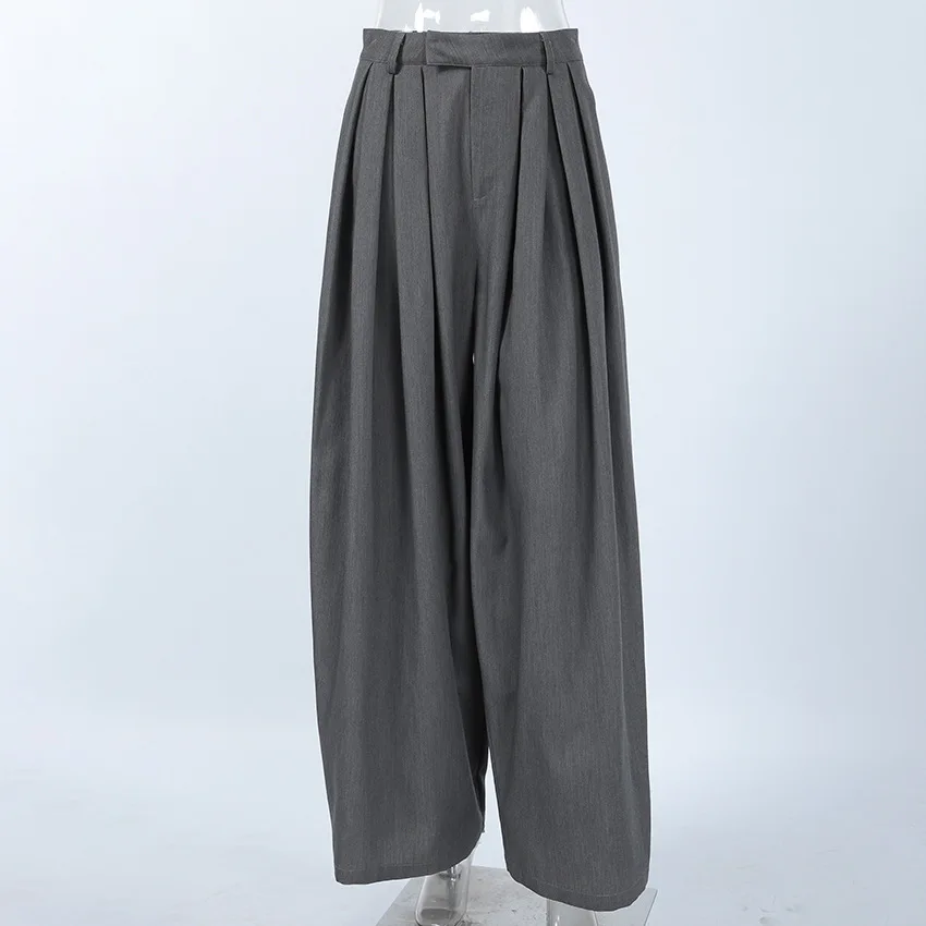NEW French Commuter Pleated Gray Suit Pants Women 2026 Autumn Street Wear Fashion Casual Loose Versatile Wide-leg Trouser