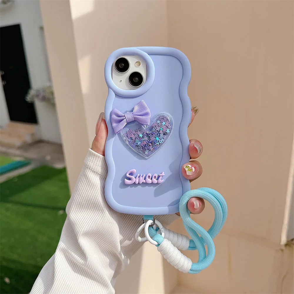 Cute Love Heart Liquid quicksand Wrist Chain Phone Case For Vivo X80Lite V39Lite Y78 Y91 V25E V25 V27E Y30 Shockproof Cover