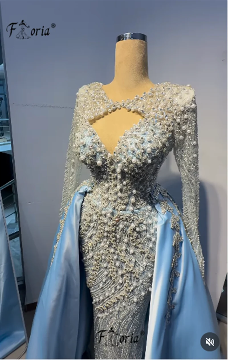 فستان سهرة أنيق بحورية البحر مزين بالخرز الكامل مع تنورة قابلة للفصل باللون الأزرق واللؤلؤ الكريستالي في دبي للحفلات الراقصة رداء السهرة لحفلات الزفاف