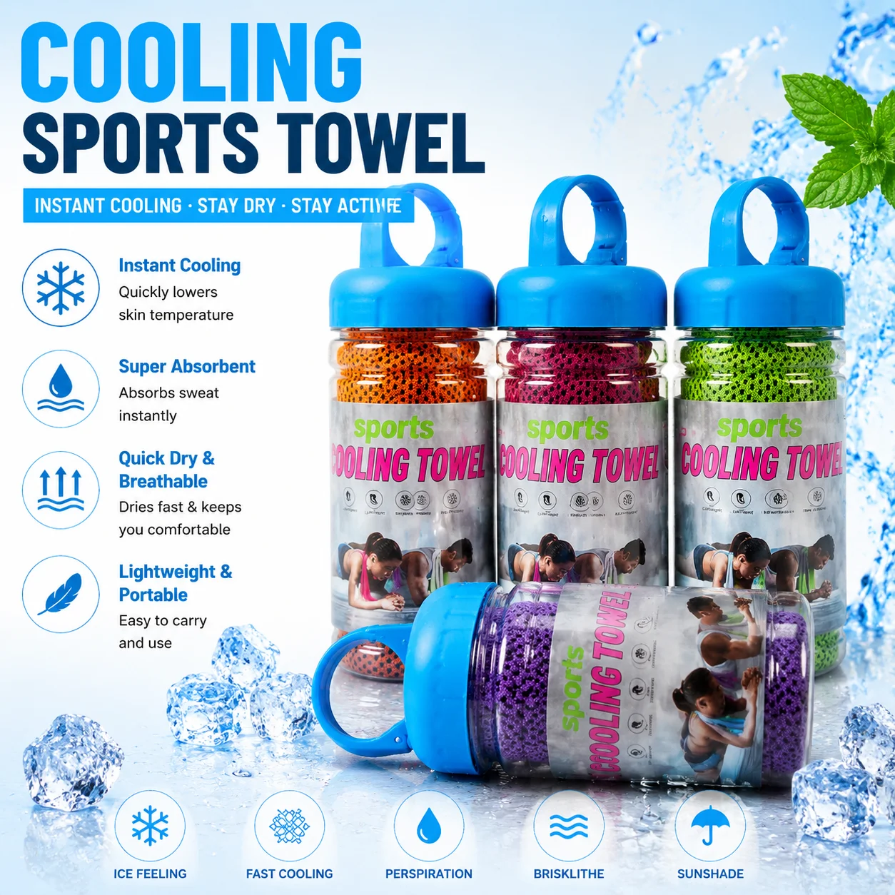 Cooling Sports Towel Instant Ice Towel Quick Dry Sweat Absorbent Portable PE Bottle Pack for Gym Yoga Fitness Running Outdoor