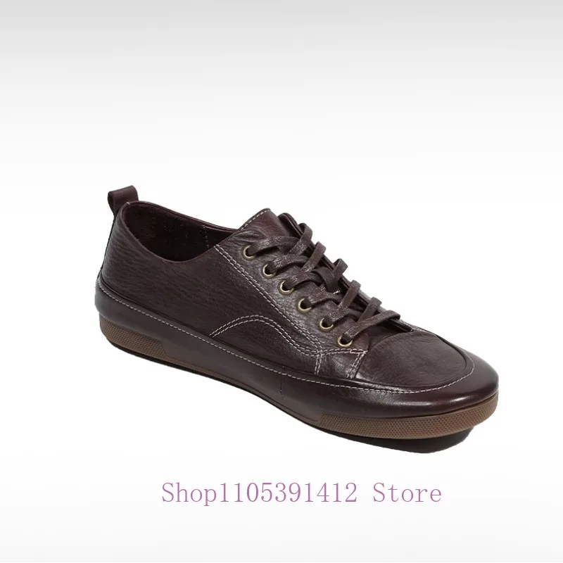 Hand-sewn Horsehide Casual Skate Shoes Men Comfortable Driving Shoes Lace Up Soft Sole Sneakers Vintage Daily Walking Flats