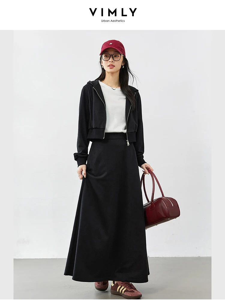 VIMLY Women\'s Office Lady Skirt Set 2026 Spring Simple Casual Hooded Cardigans Coat+Straight Long Skirt Sporty Two Piece Sets