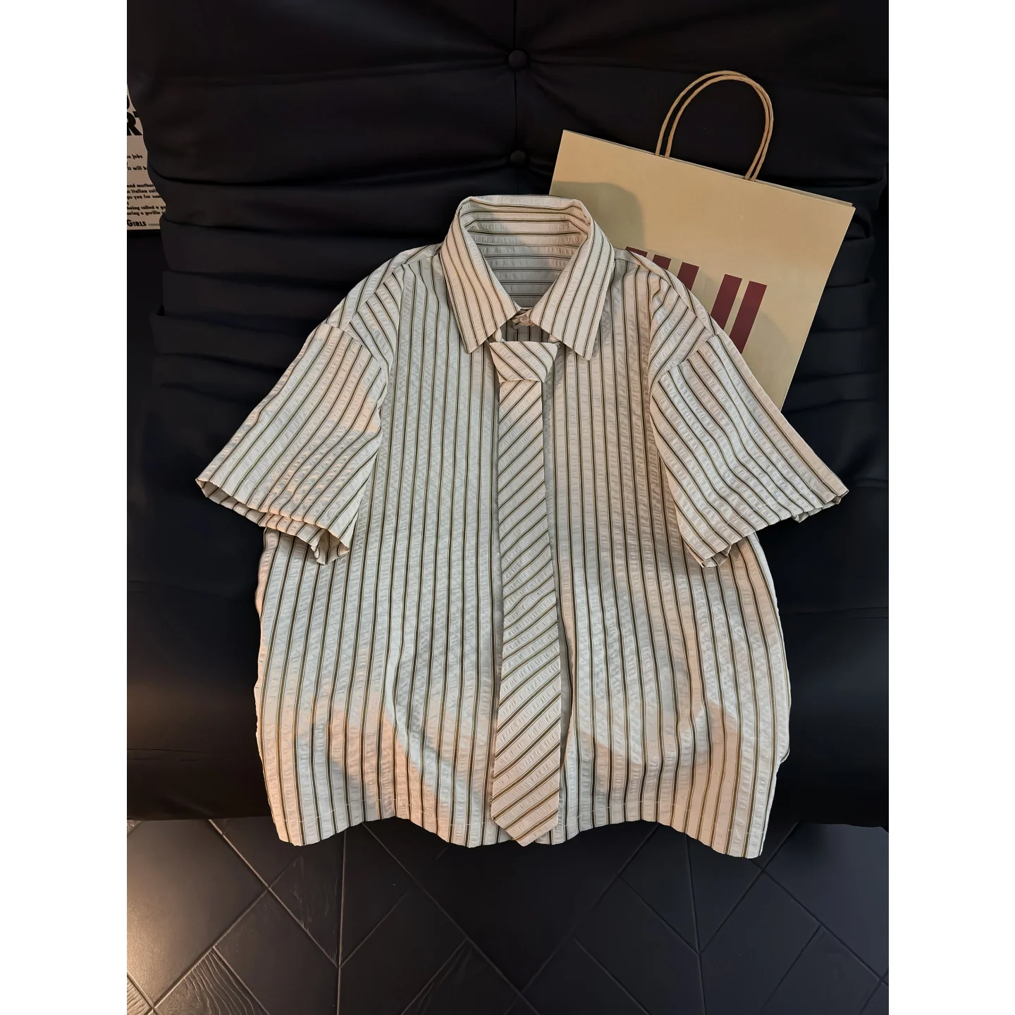 

Casual Japanese Stripe Short Sleeve Men's Shirt Textured Pleated Korean College Style DK Uniform Tie Student Leisure Blouse