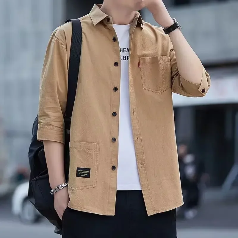 

Casual Short Sleeve Men's Shirt Korean Trendy Seven Point Collar Summery Streetwear Jacket Japanese Style Top For Men