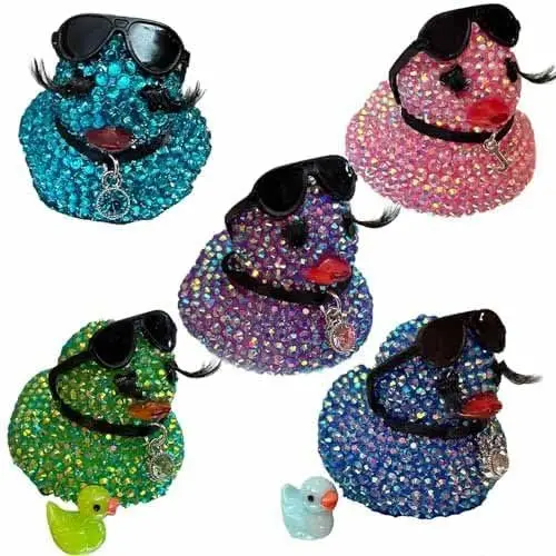 Mini Sparkling Rhinestone Bling Ducks,Hinestone Duck Car Ornament, Rubber Ducks with Sunglasses for Bathroom Car Dashboard Decor