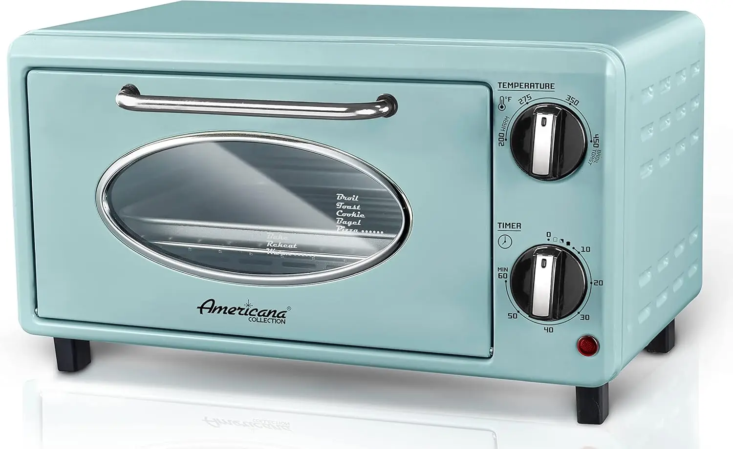 

50’s Retro Countertop Toaster Oven, 2-Slice, 1000W, Bake & Toast, 60-Minute Timer, Temperature Control, Fits 8” Pizza, Mint