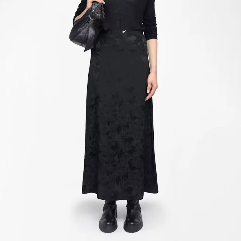 

Black Skirt Women Casual Horse Jacquard Skirts Wing Knee Length Dress Female Skirt Elegant Lady Split Dresses