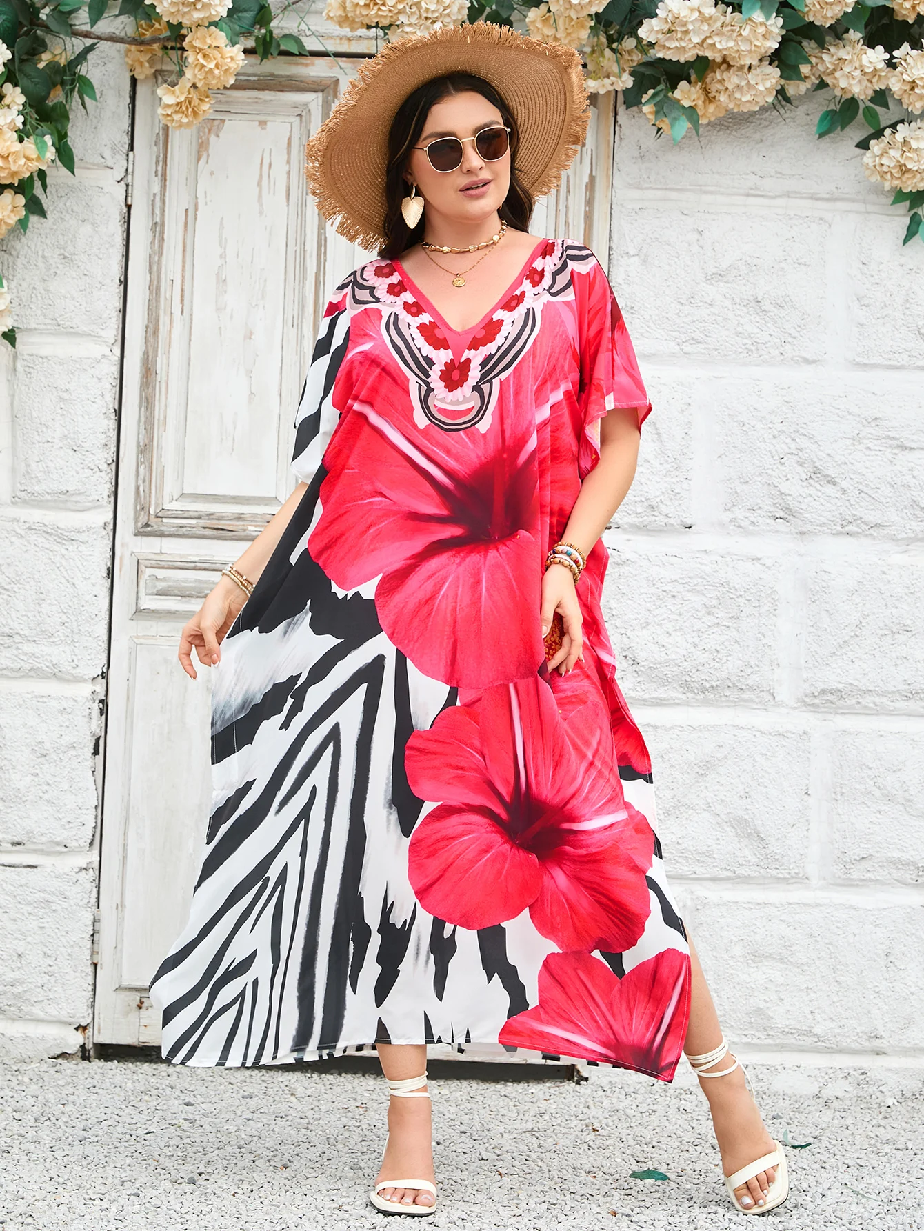 Sukienki kaftan dla kobiet plus size, narzutka na strój kąpielowy, sukienka z dekoltem w serek, rękaw nietoperz, luźny krój, marokański kaftan, sukienki mumu.