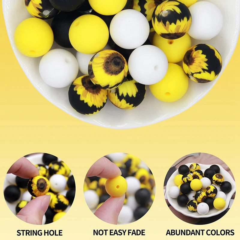 Silicone Beads For Keychain Making, 15Mm Silicone Beads Bulk Sunflower Silicone Beads With Tassel For Keychain Making