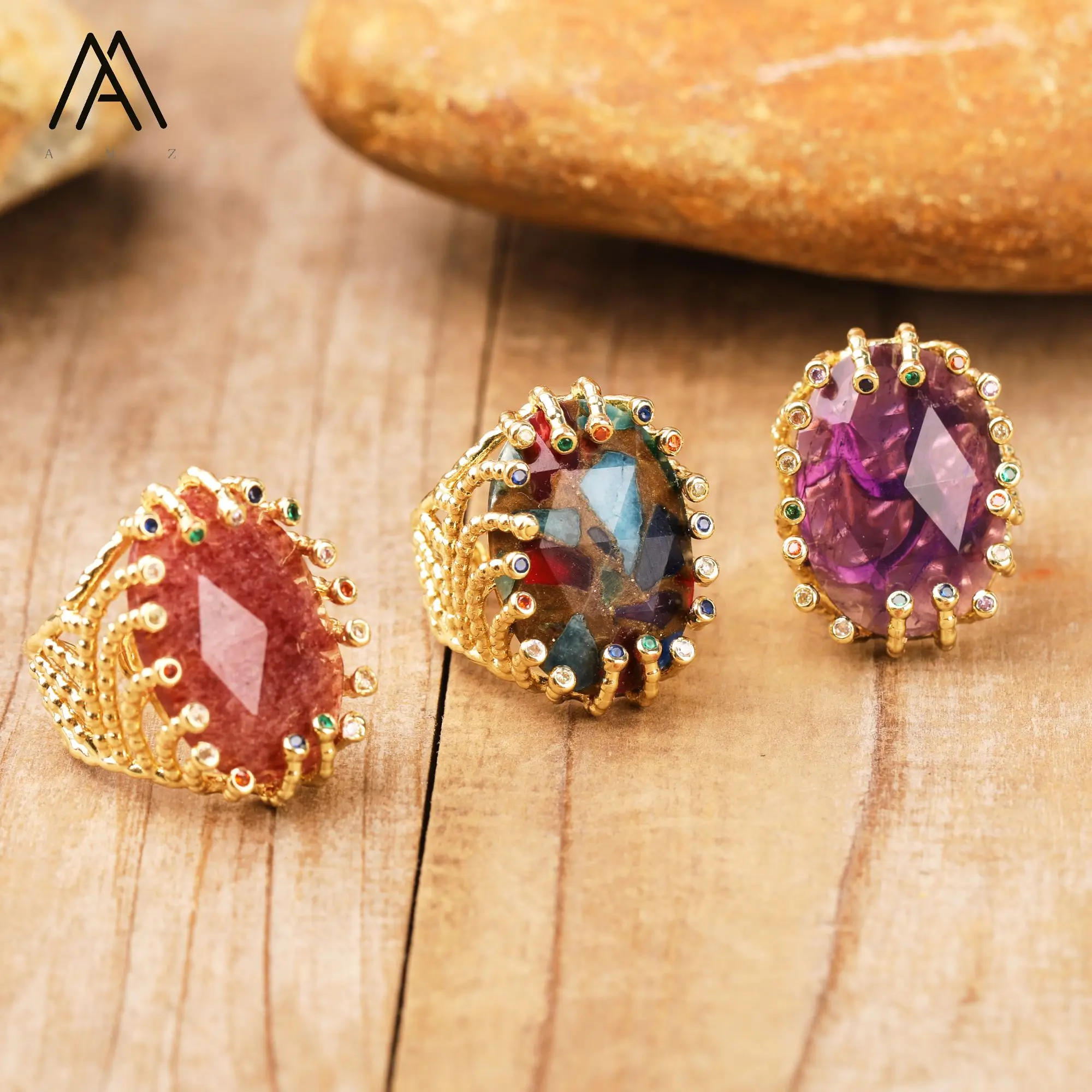 Luxury Rings Natural Gemstone Healing Crystal Colourful Zircon Bead Statement Ring Gold Jewelry