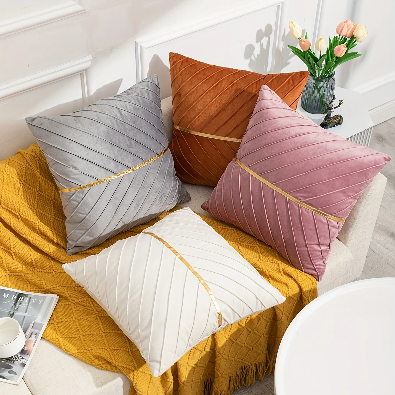 

1pc, Golden Velvet Embossed Square Cushion Cover - Soft AndLuxurious Pillow for Home, Bedroom, Car, and Living Room Decor