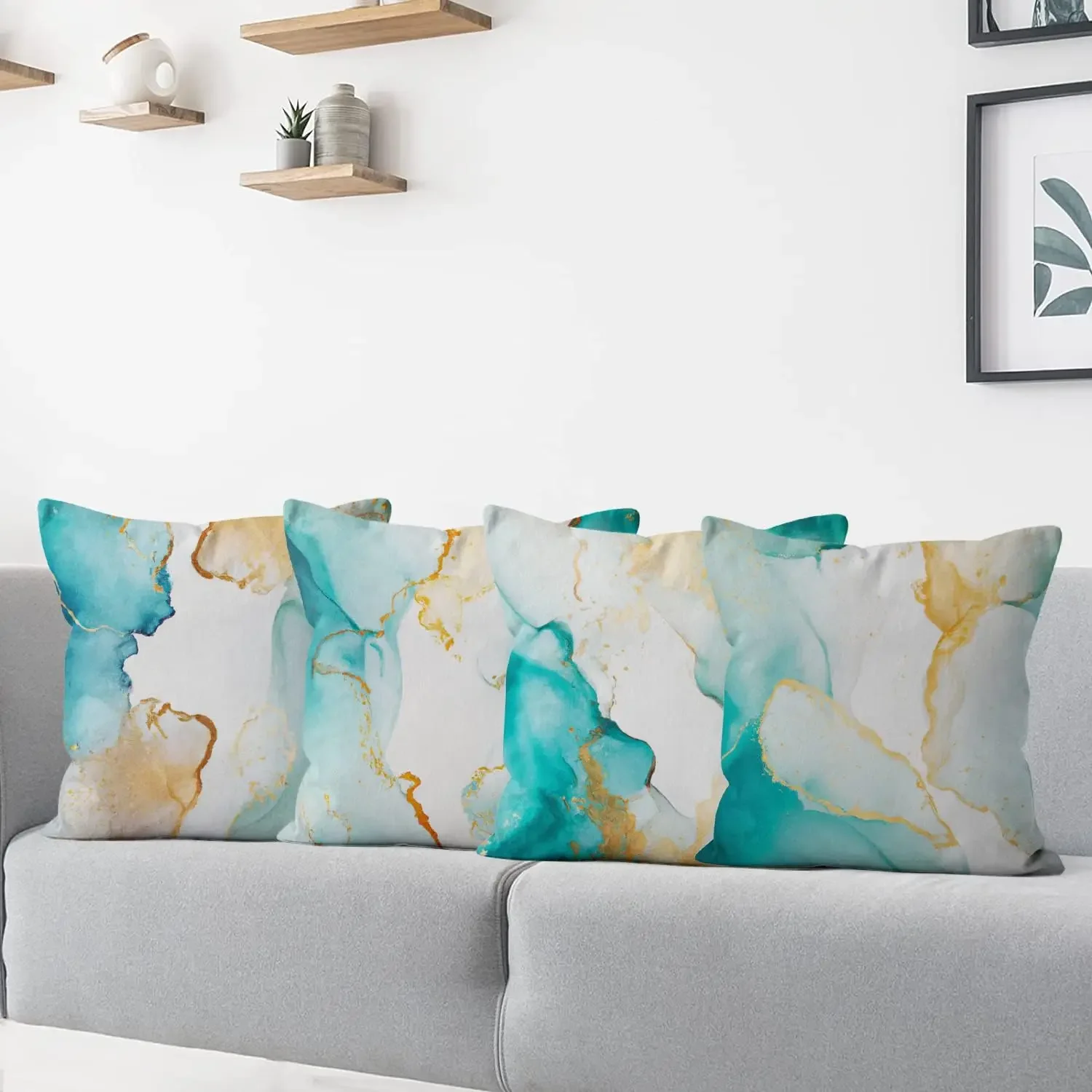 Modern Light Luxury Cyan White Gold Marble Texture Sofa Decorative Cushion Covers Flax Textile Upholstery Pillowcase