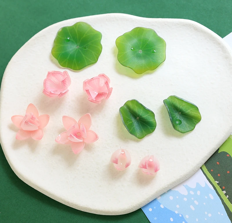 6pcs Simulation Summer Lotus Lotus Leaf Dewdrop Resin Straight Perforated Diy Handmade Jewelry Earrings Charms Accessories